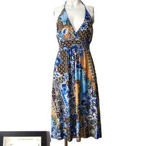 ANNA BUGATTI Brown Blue Tan Paisley Halter A Line Dress M Medium NWT
